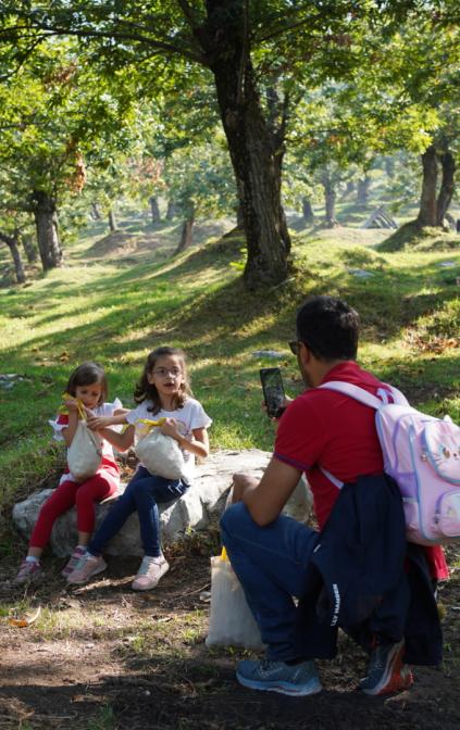 Famiglia che si cimenta nella tradizionale raccolta delle castagne in uno dei nostri castagneti tradizionali