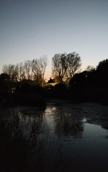 Vista albergo di notte dal sentiero natura